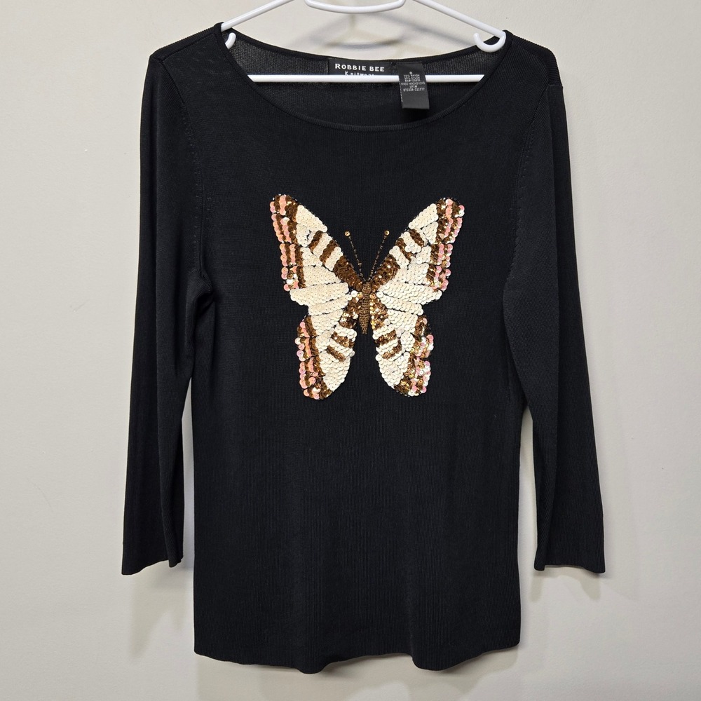 VTG Y2K Robbie Bee‎ Knitwear Top Shirt Small Black Unique Sequin Butterfly Moth